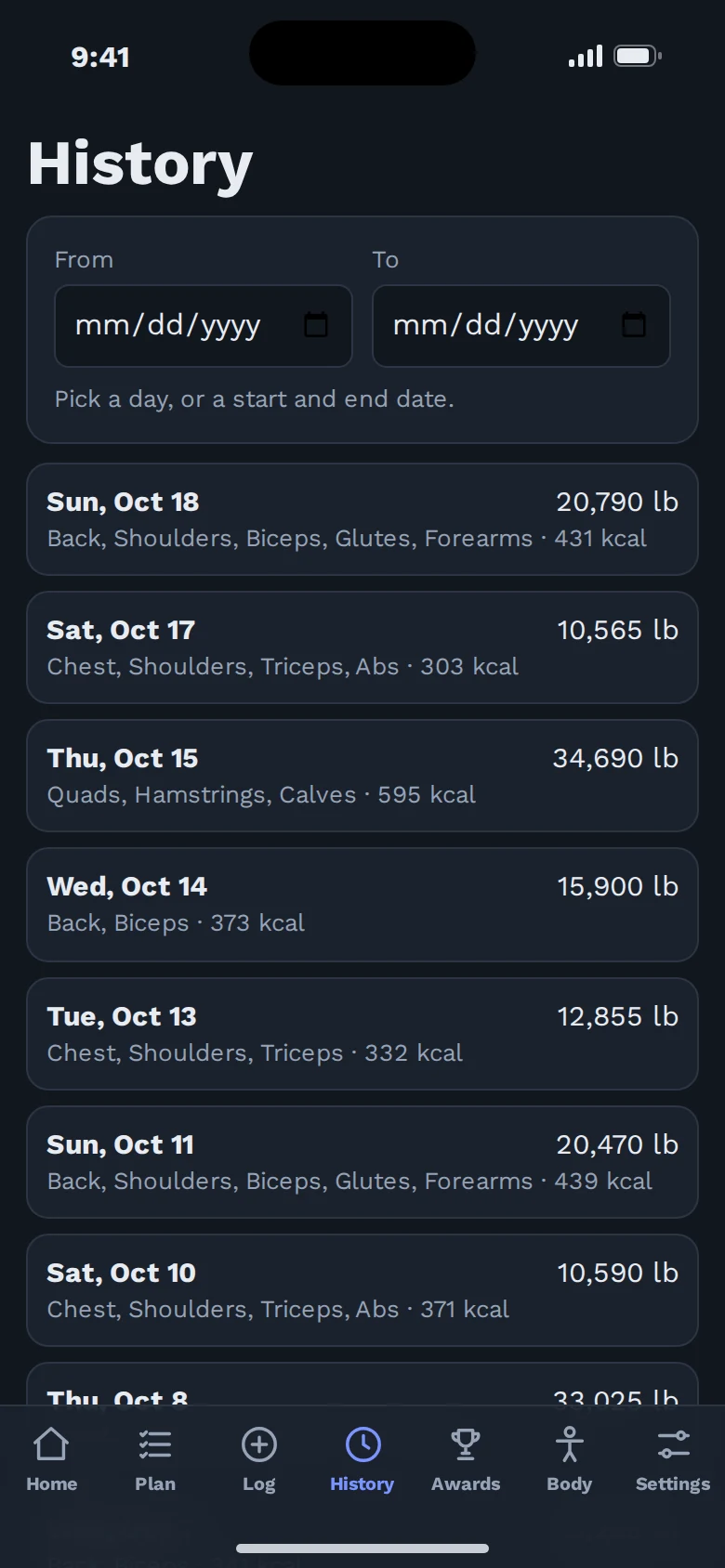History list showing daily total volume, muscles trained and estimated calories