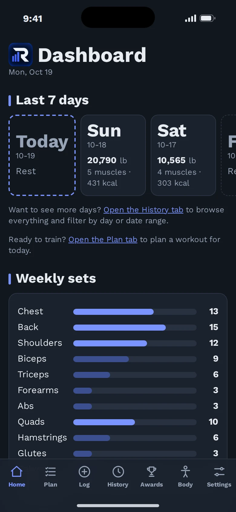 Rep Metrics dashboard showing the last 7 days and weekly sets per muscle