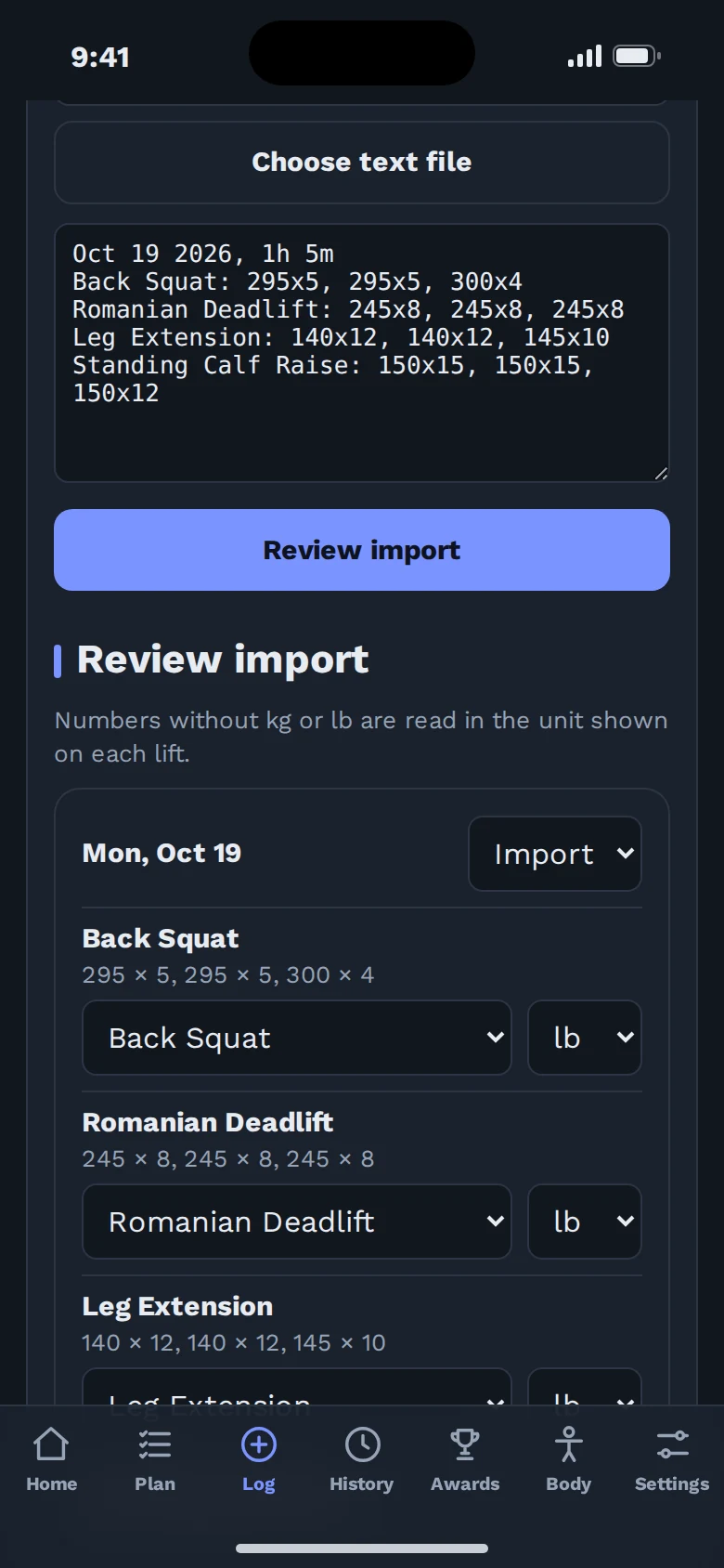 Pasting a workout note with a review step before import