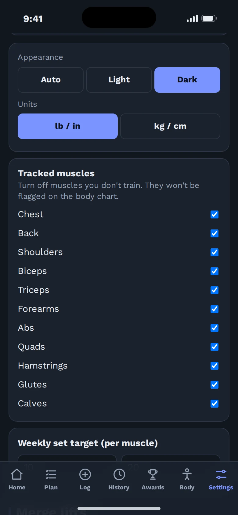 Settings with appearance, units and tracked muscles